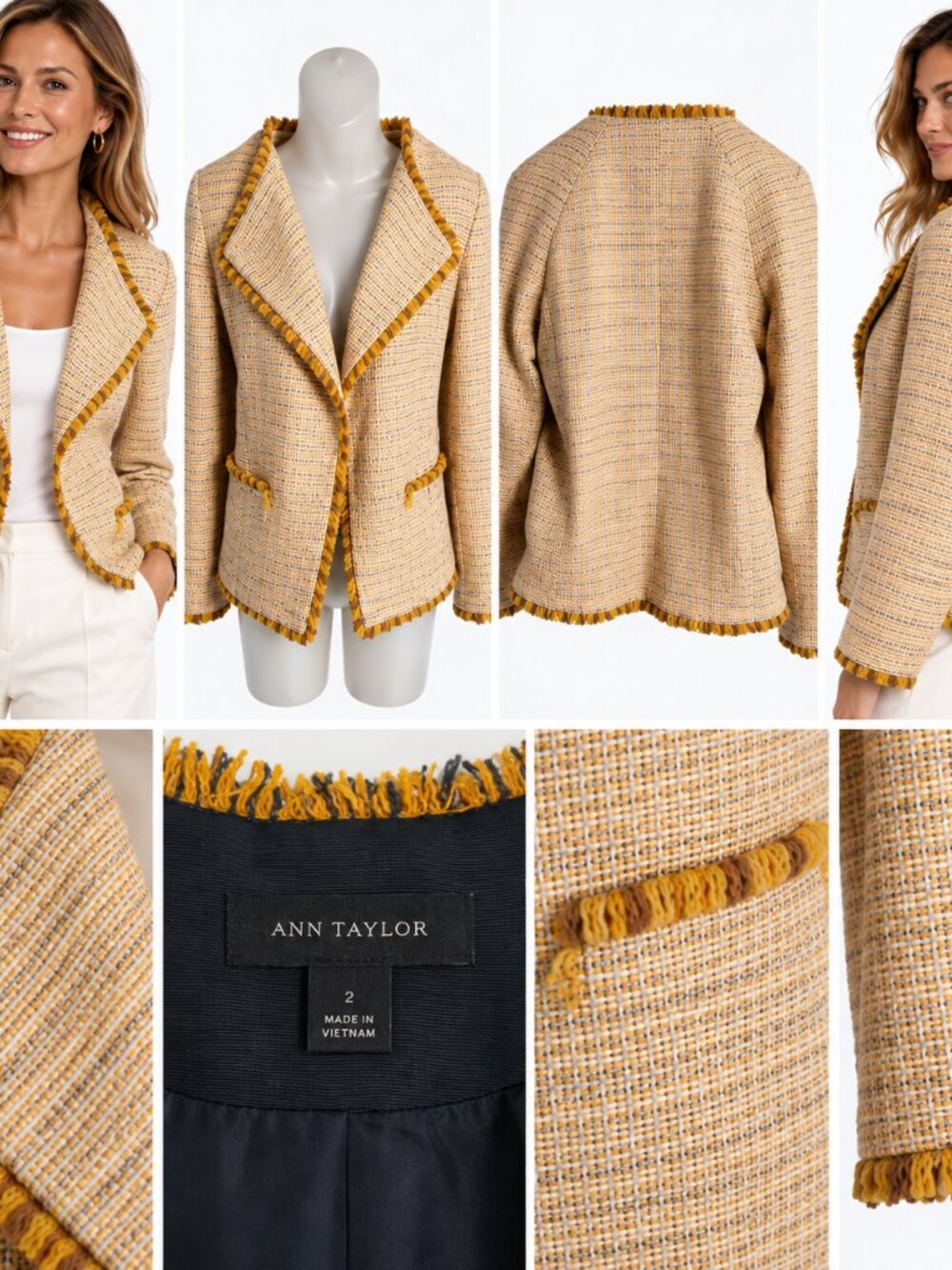 Ann Taylor Sz 2 Beige Tweed Blazer Mustard Fringe Trim Preppy Chic Quiet Luxury
